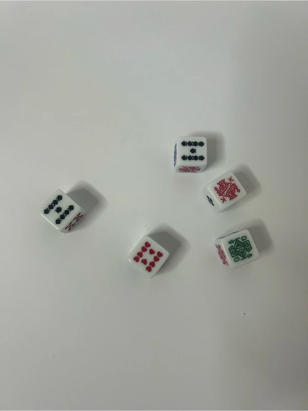 White Mahjong-Style Dice Set with Red, Black and Green Faces